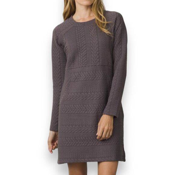 Prana Dress Macee Dark Gray Quilted Long Sleeve Shift Jacquard Textured Knit S - Picture 1 of 13